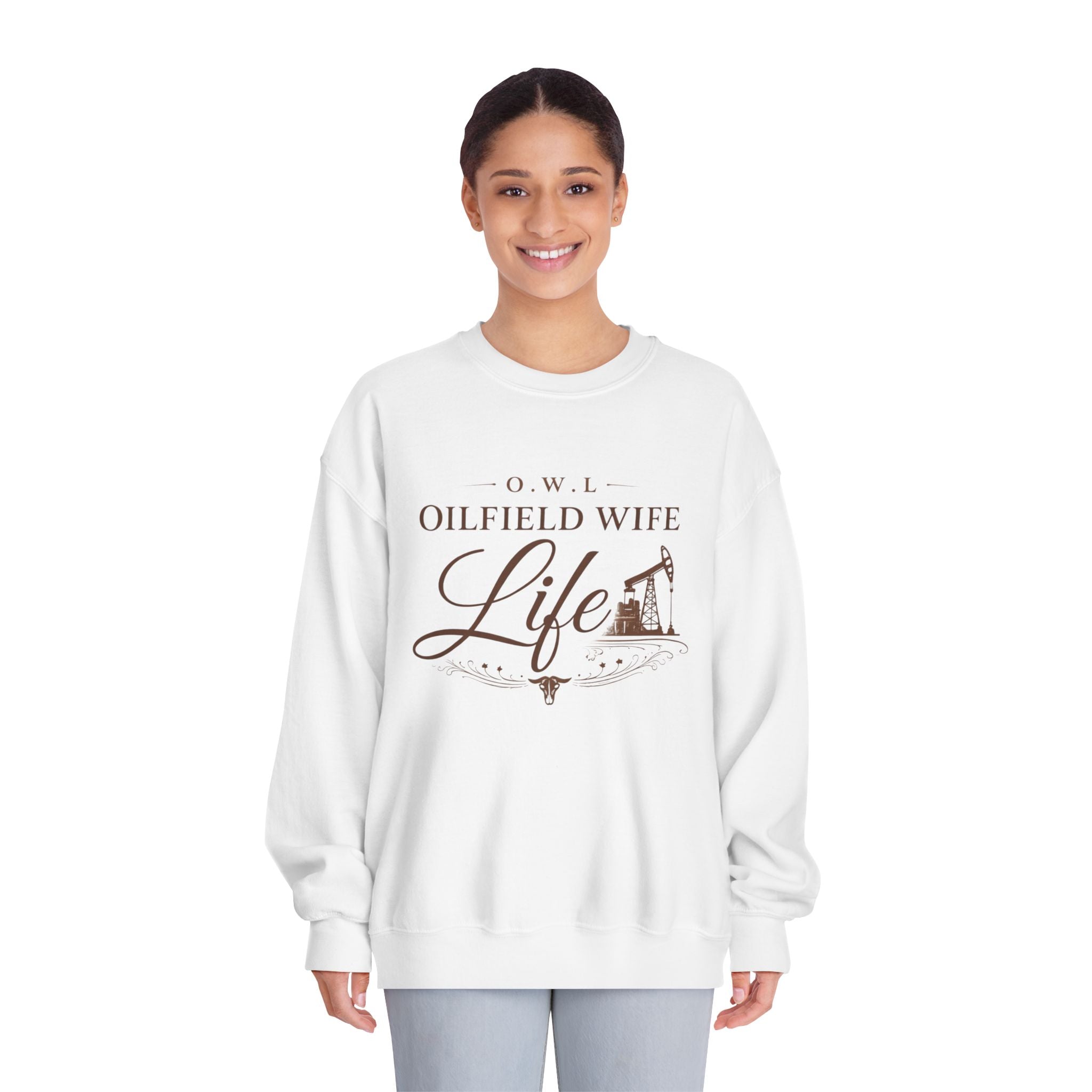 Oilfield Wife Life Crewneck Sweatshirt – Rustic Oil Rig Graphic